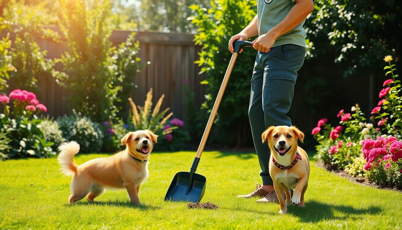 Weekly dog poop scooping service in a vibrant backyard with a smiling technician and playful dog.
