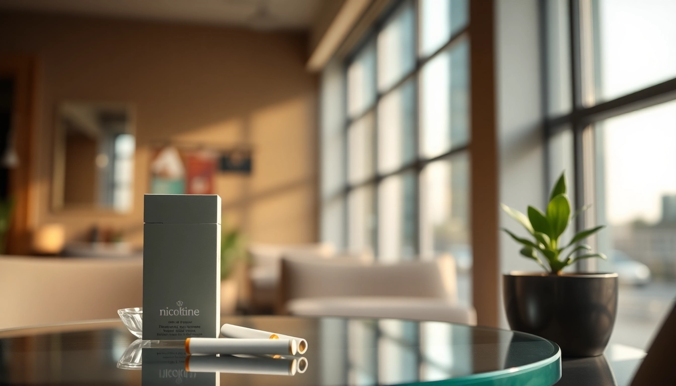 Stylish box of nicotine free cigarettes on a glass table in an urban setting