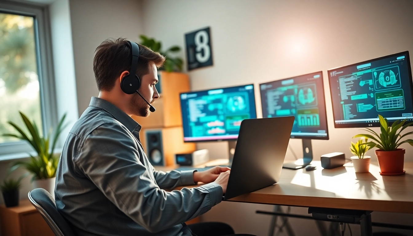 Provide residential IT support advice in a bright home office with multiple tech displays.