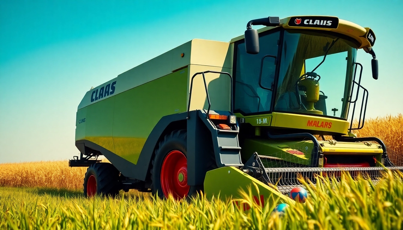 Claas Erntemaschine arbeidet in einem goldenen Weizenfeld.