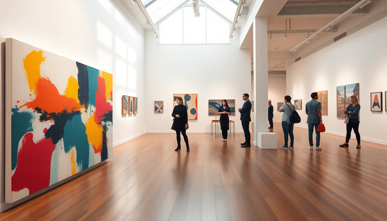 Visitors admiring contemporary pieces at the in lieu gallery in an elegant setting.