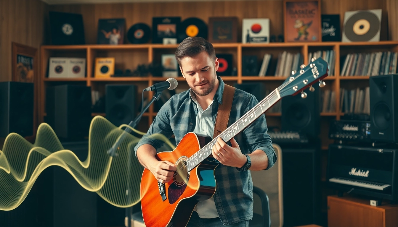 Engaging musician exemplifying music pitching in a vibrant studio environment.