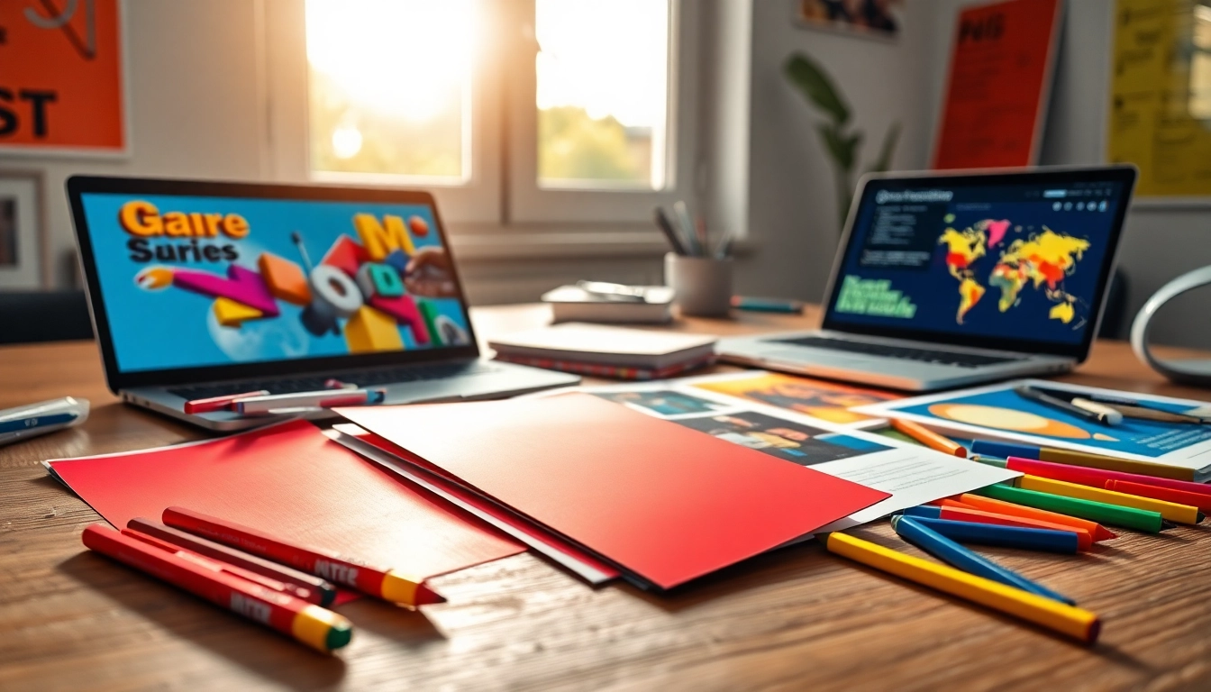 Engaging advertisement design materials on a bright, creative workspace.